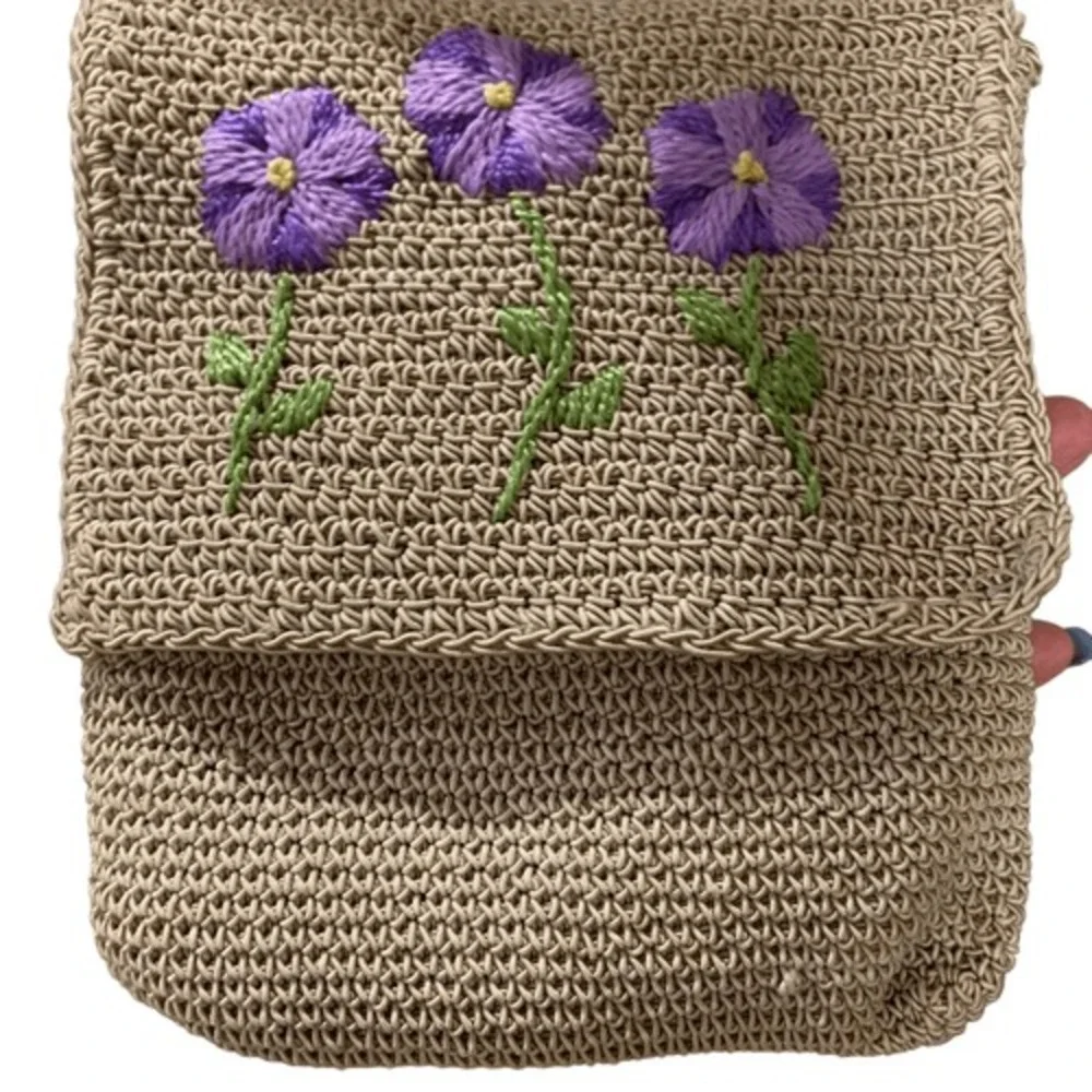 La Rue C/B Embroidered Crocheted Mini-Purse&Coin Purse Beige Purple 7-1/2x6-1/4